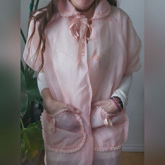 Pink Foral Pint Ruffle Collared Robe House Coat With Pockets 9 Buttons Vday - Picture 9 of 9